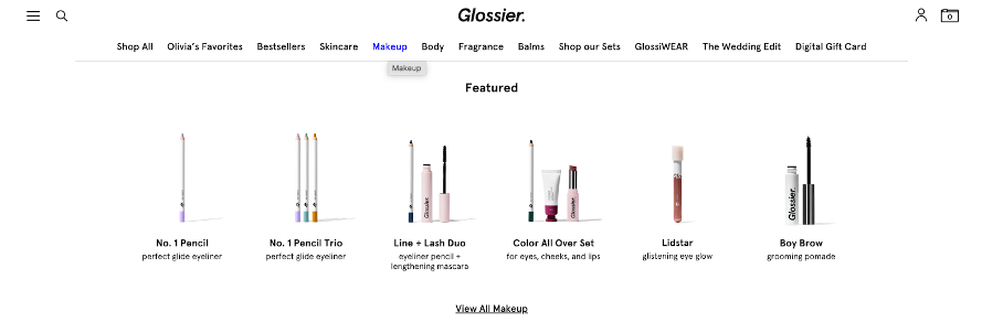 Menu on Glossier's website