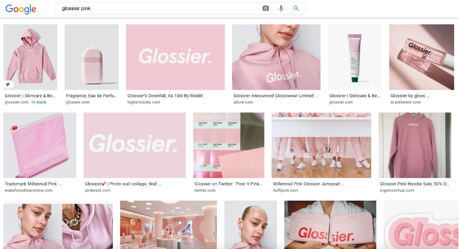 A Google search for "Glossier pink"