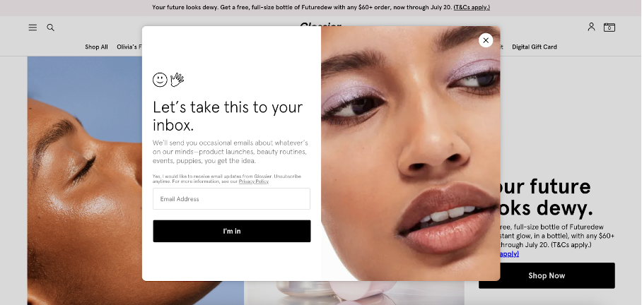 Glossier website pop-up example