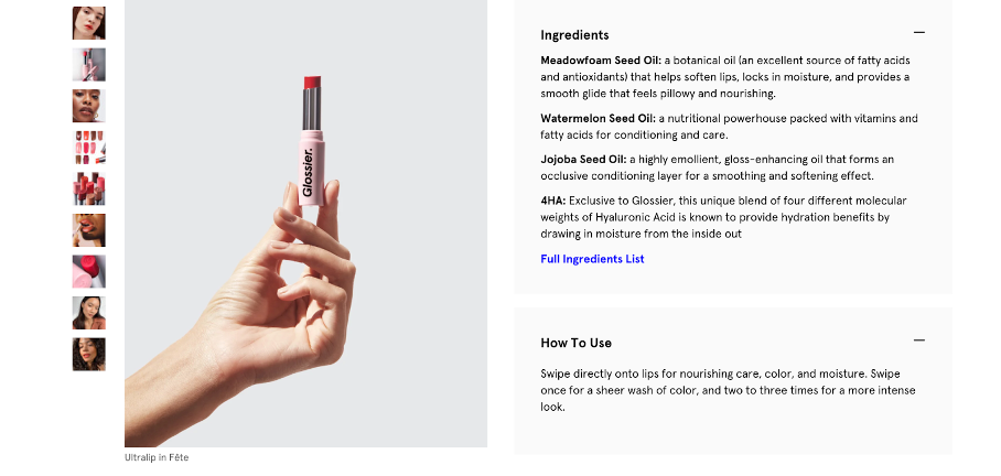 Product information on Glossier's website
