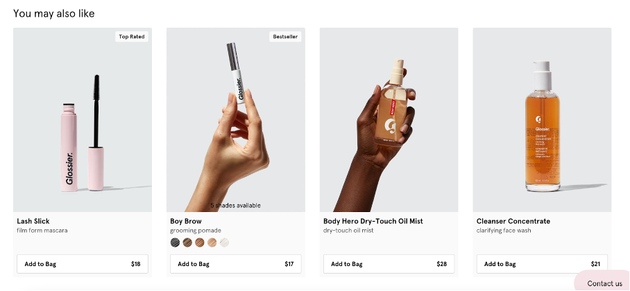 Personalized product recommendations on Glossier's website