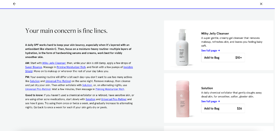 The results of a product recommendation quiz on Glossier's website