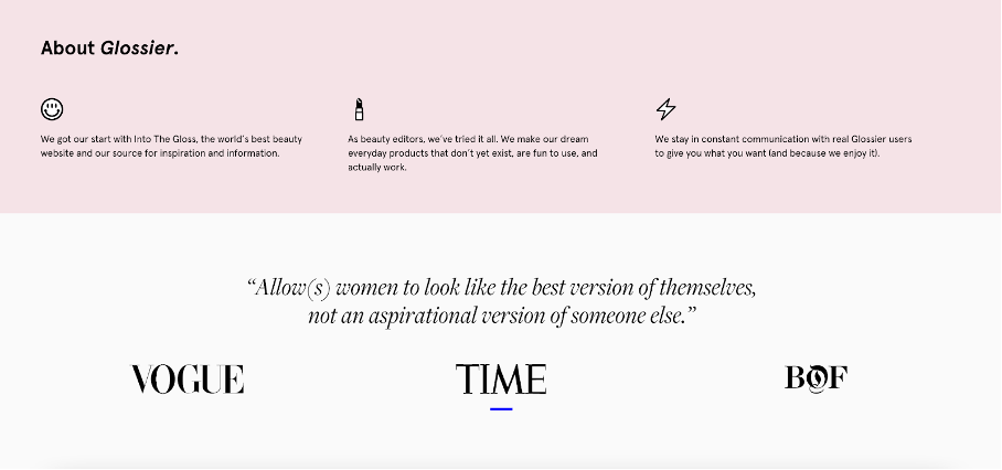 Glossier's website using their branded pink color