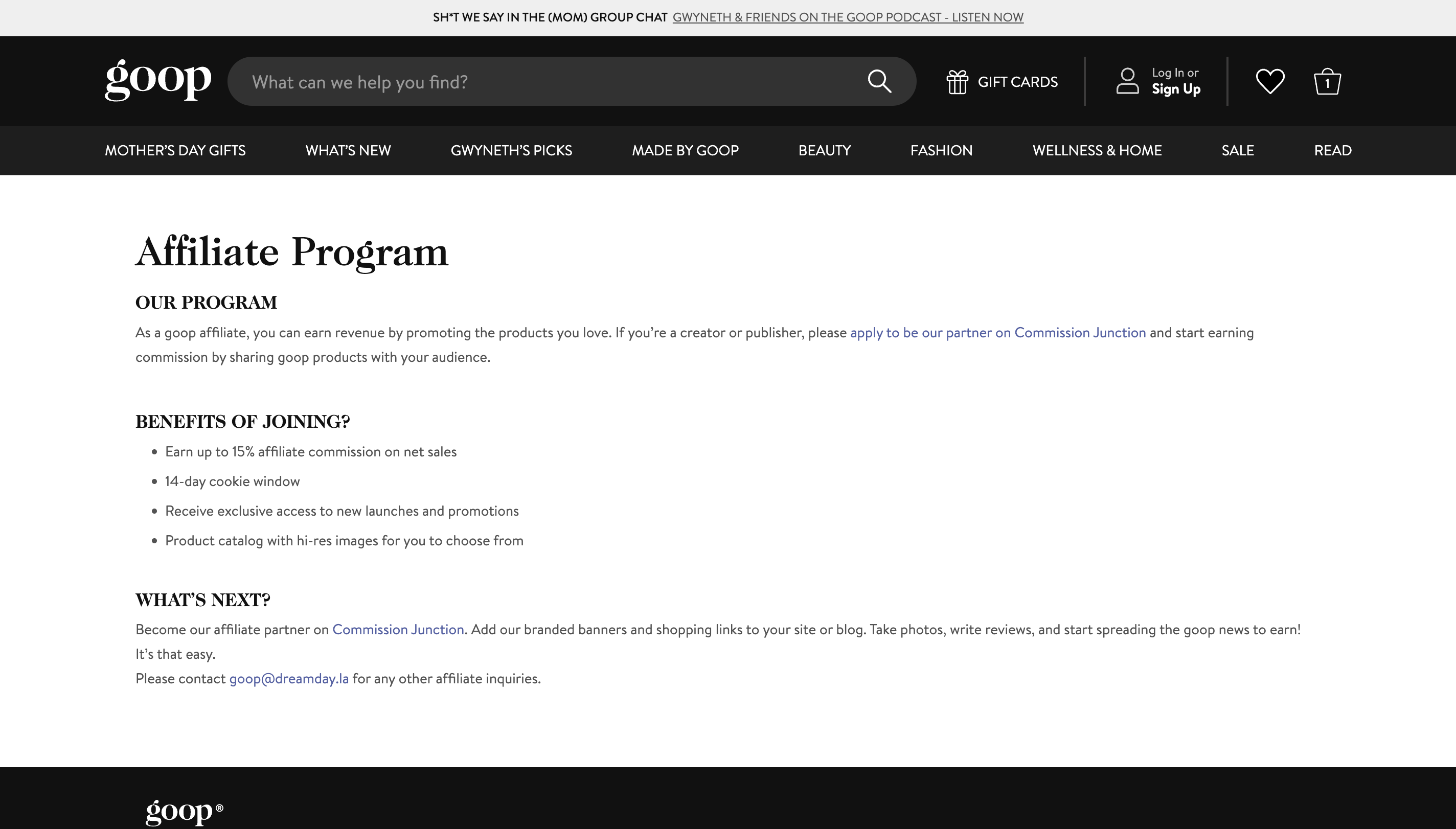Goop Affiliate Program Page