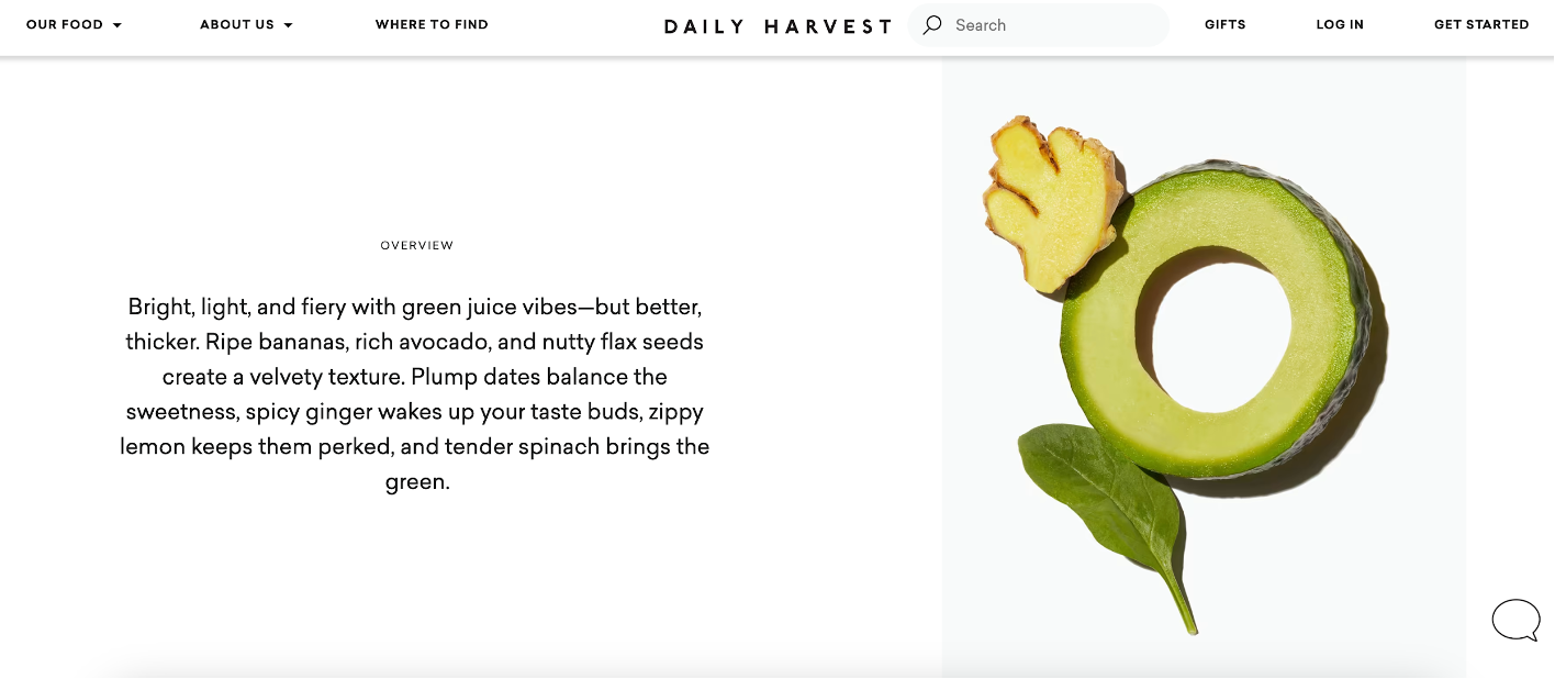 Daily Harvest product page with product descriptions