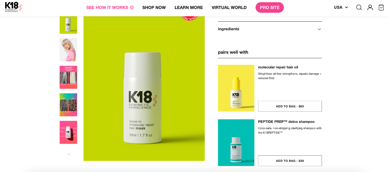 K18 product page with cross-sell example