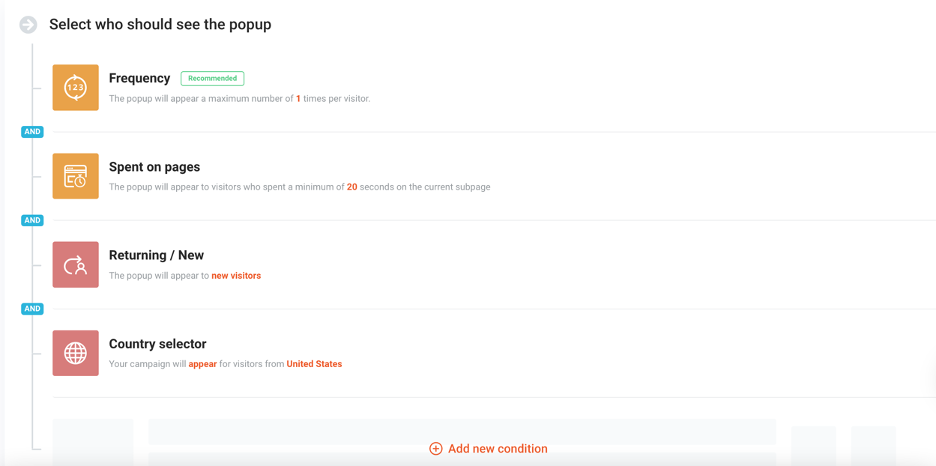 OptiMonk's popup targeting options