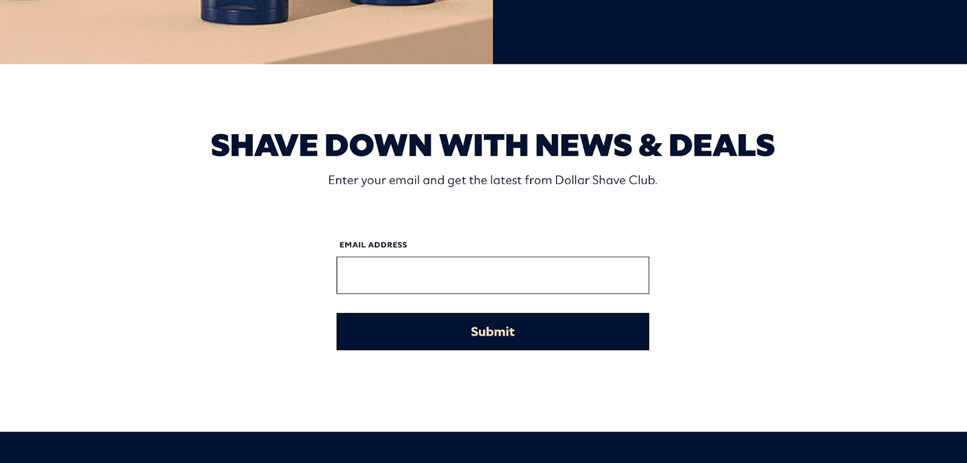 Example of Dollar Shave Club promoting an opt-in form on its homepage