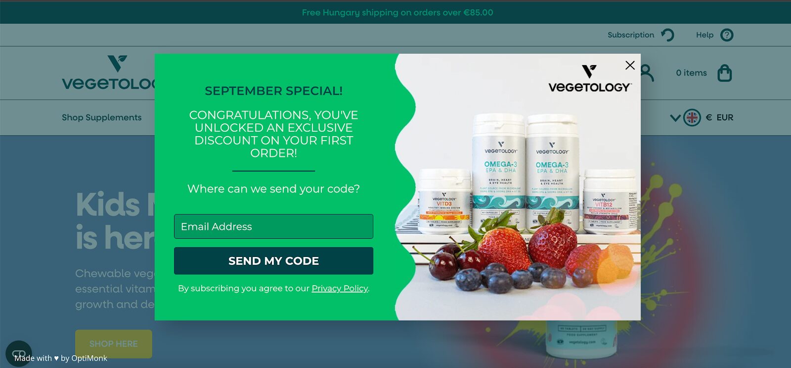 Vegetology's promotional pop-up shows up at the right time, making sure, that the visitor sees the offer.