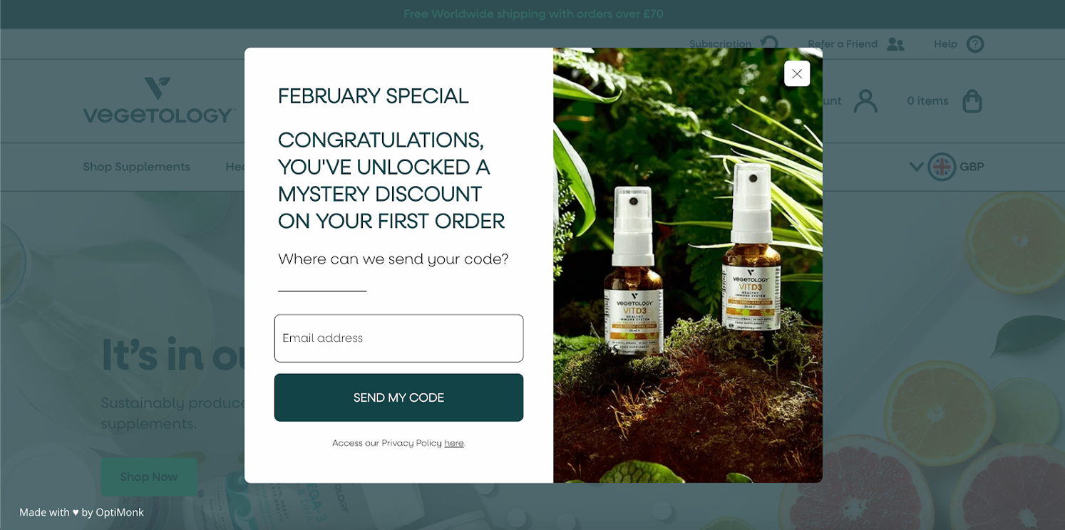 Vegetology making money with an email popup