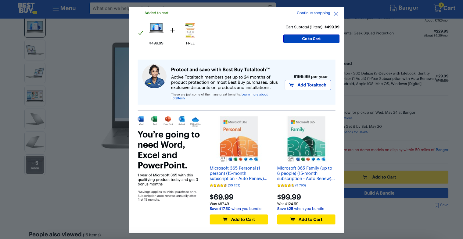 Upsell and cross-sell offer example from BestBuy