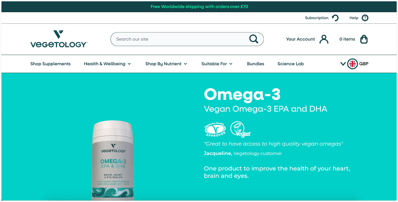 Vegetology showing the social proof on their product page