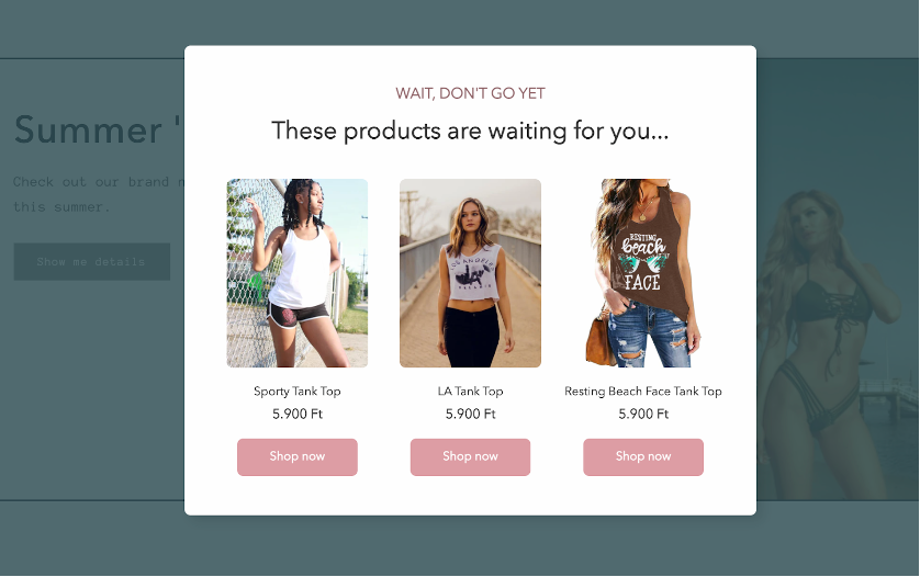 An OptiMonk campaign for cart abandonment with personalized product recommendations