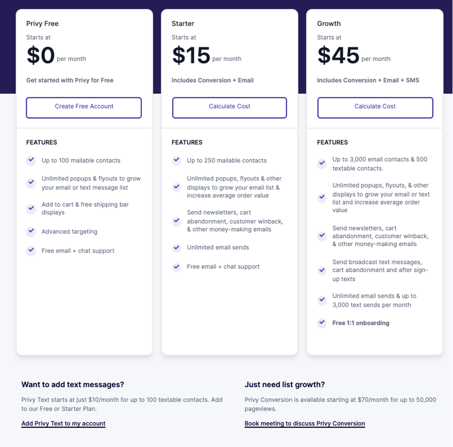 Privy pricing