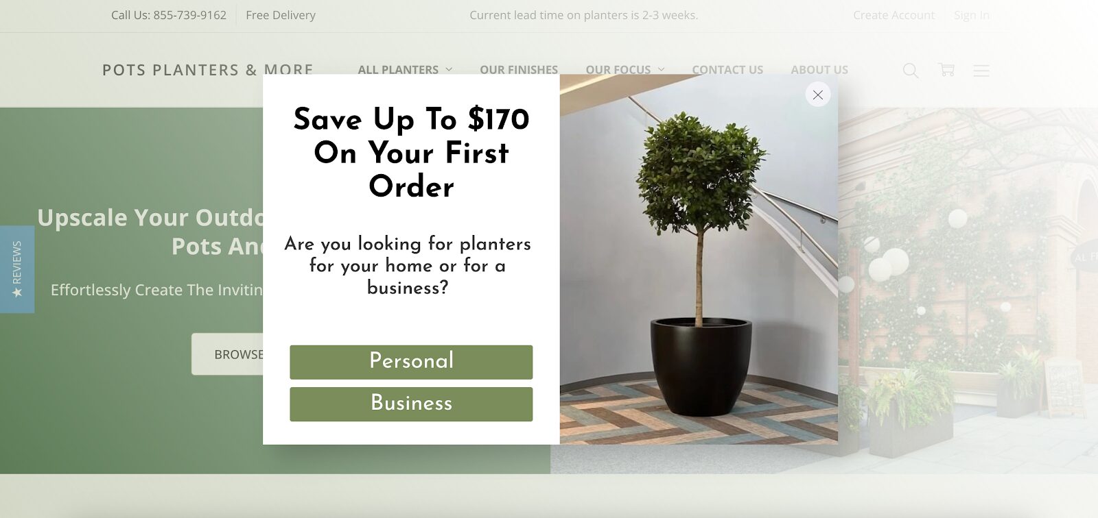 "Pots, Planters & More's segmentation pop-up allowing visitors to choose their shopping reason and offering targeted coupon codes.