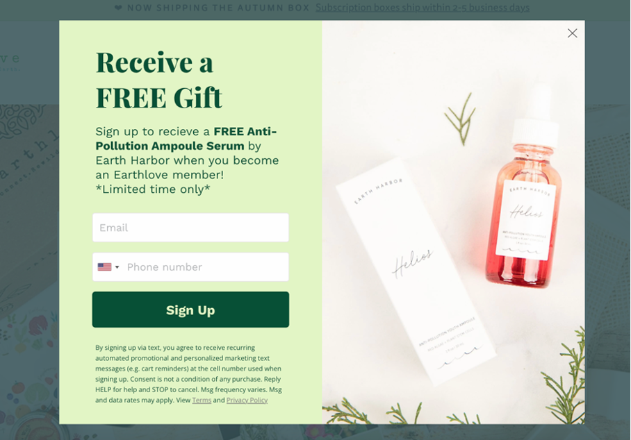 A lead generation popup from Earthlove Box