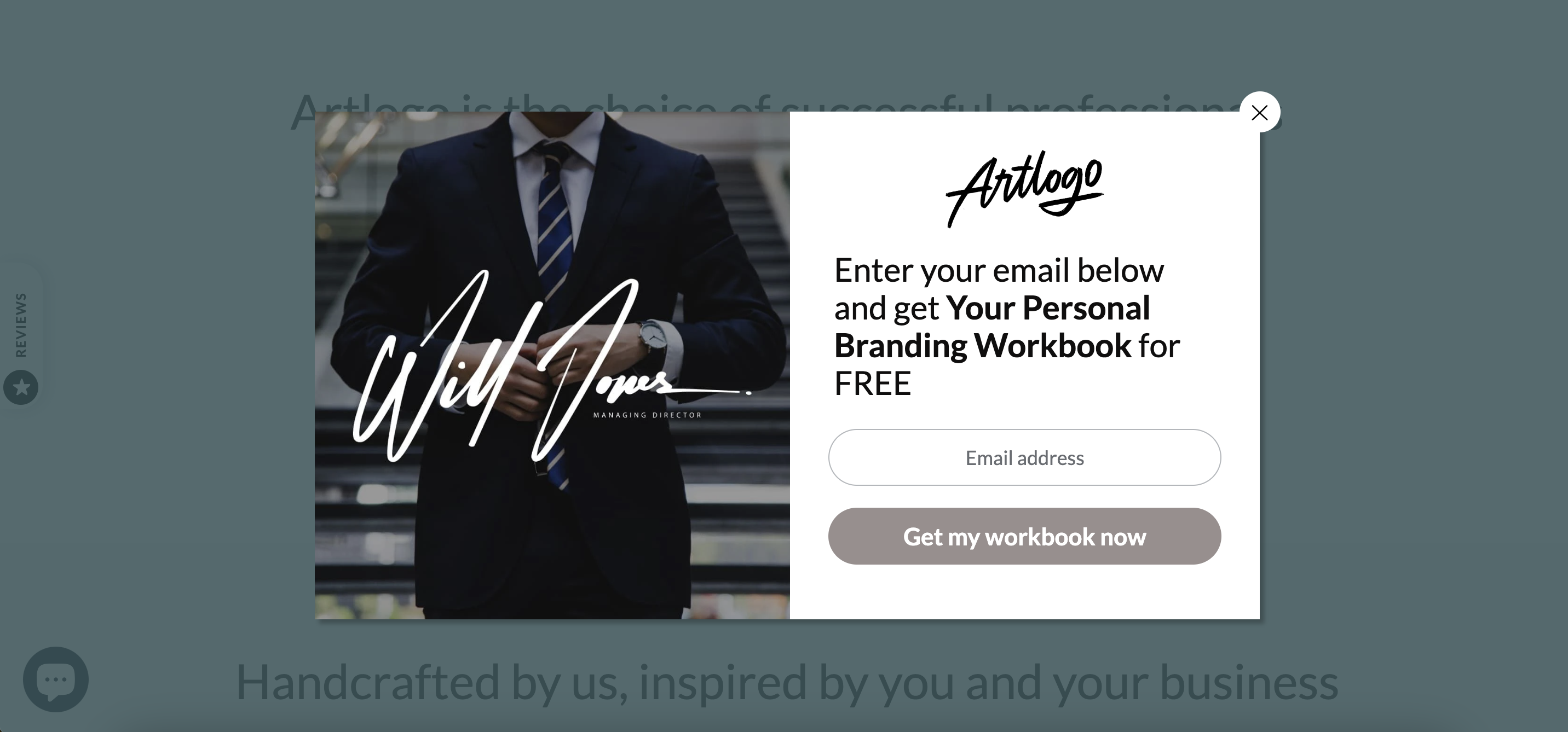 Artlogo's lead capture popup have a clean design with a great call to action.