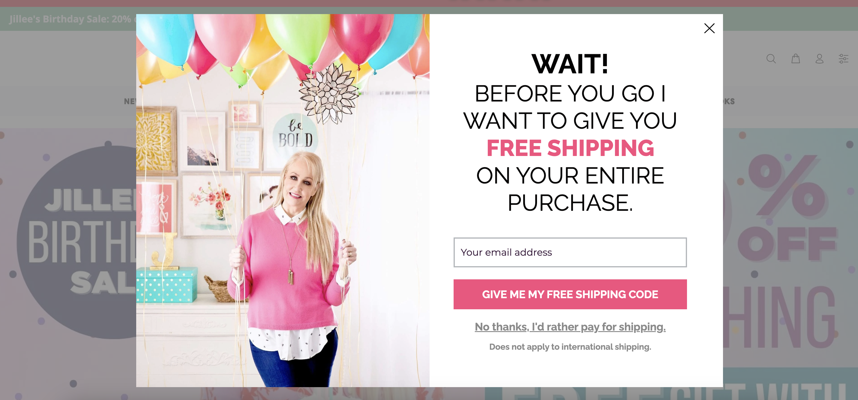 By Jillee's Shop popup has a free shipping offer with persuasive copy for visitors considering opting out.