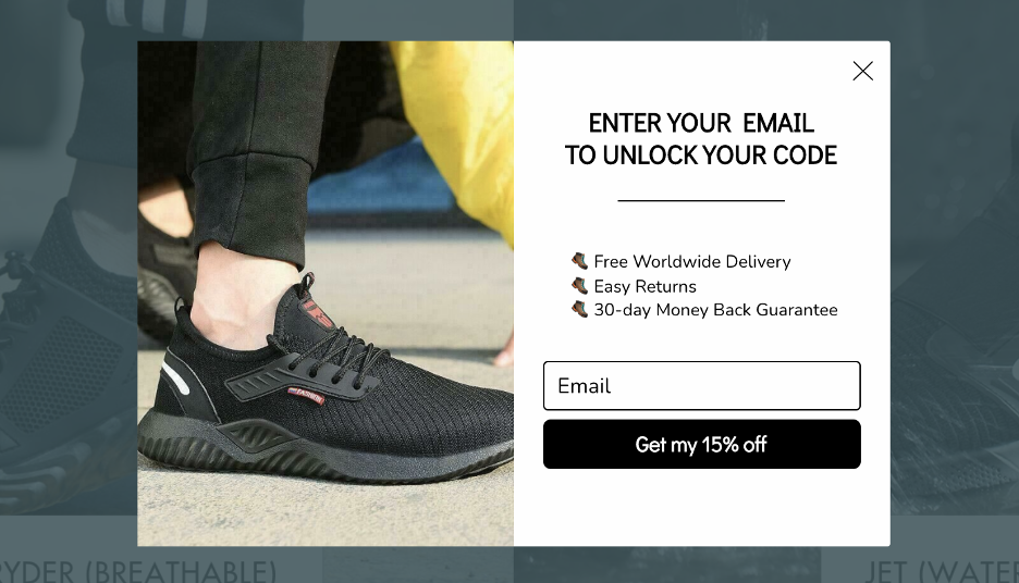 Indestructibe shoes's popup has emphasized product with additional value for customers.