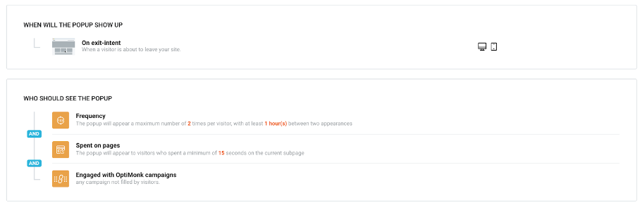 OptiMonk’s targeting and triggering options page