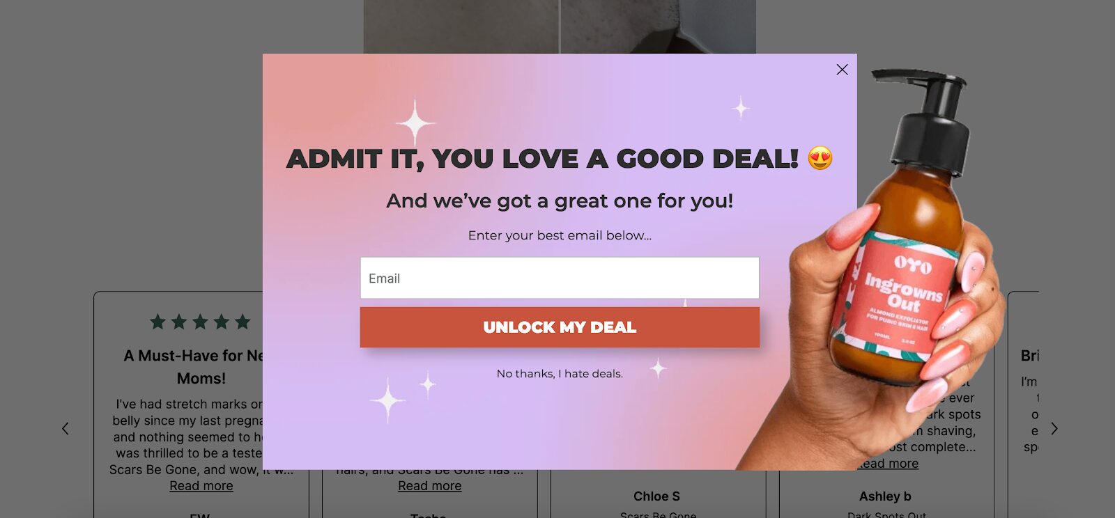 OYO Skincare's playful lead generation form keeps the deal a mystery until submission, engaging users and capturing leads.