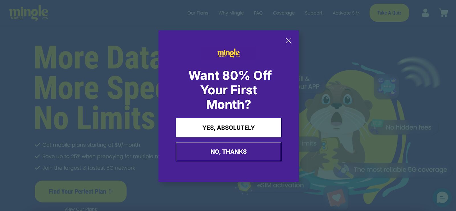 Mingle Mobile's quiz-style pop-up captures leads with an 80% discount, asking for email and SMS details.