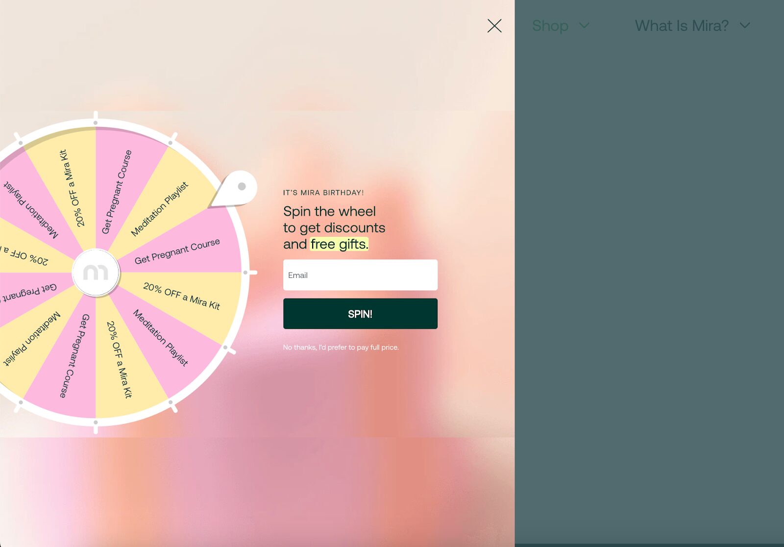 Mira Fertility Shop's 'Spin the Wheel' form engages users with a chance to win a gift, capturing leads through gamification