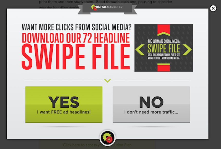DigitalMarketer's swipe file popup example: A persuasive lead capture popup offering 72 social media headline swipe files, designed to boost conversions and capture email addresses.
