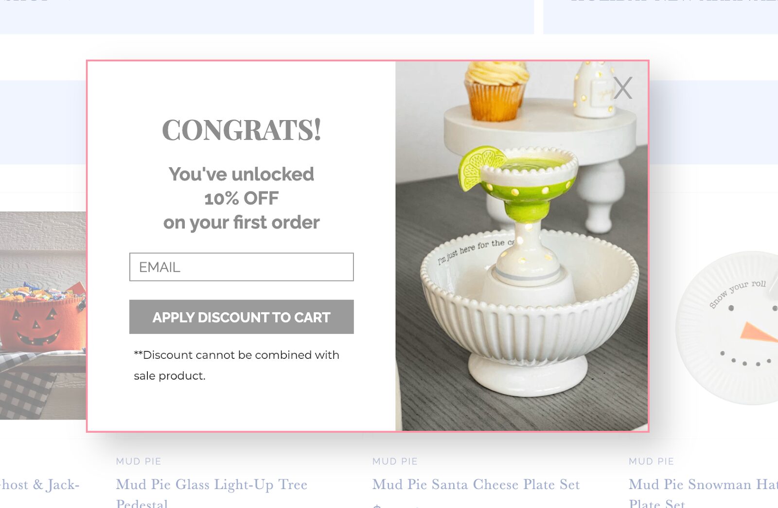 CeCe's Home & Gifts' discount code popup example: Lead capture popup offering a 10% discount code for first-time visitors to generate leads and capture contact details.