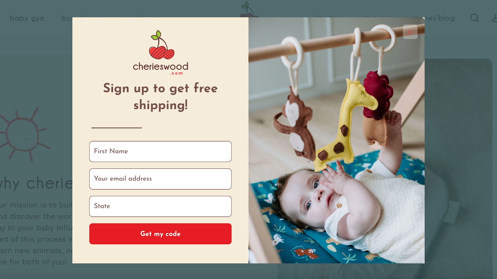 Cherieswood's free shipping lead capture popup: An exit intent popup offering free shipping in exchange for newsletter signups, designed to capture leads and increase conversion rates for ecommerce businesses.