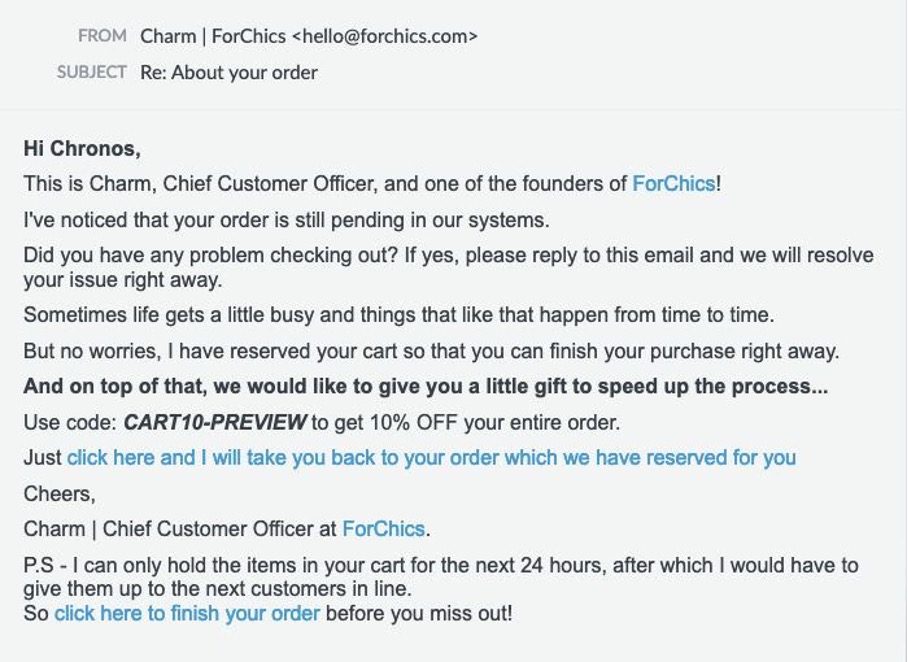 cart abandonment email from ForChics