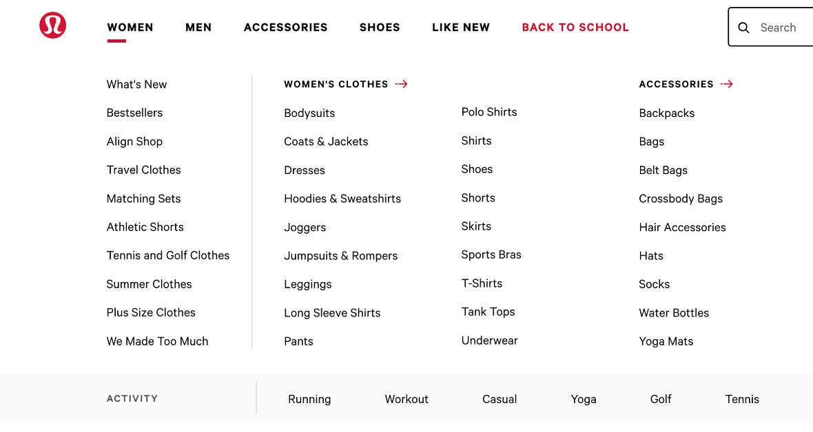 Lululemon navigation menu