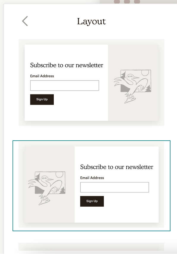 Mailchimp email pop-up form layout options