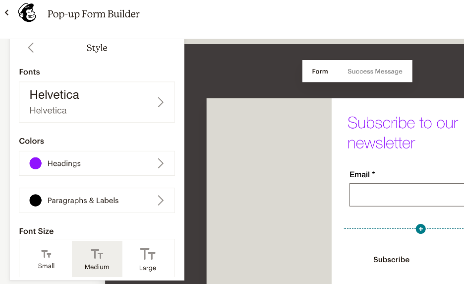 Pop-up form customization options in Mailchimp