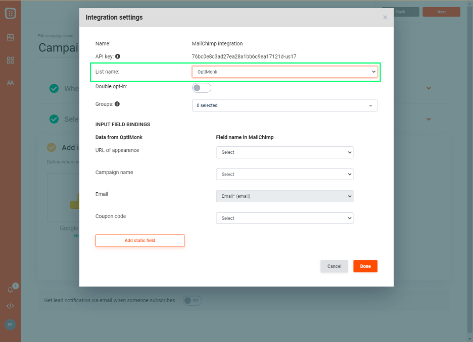 Integrate your OptiMonk pop-up with Mailchimp