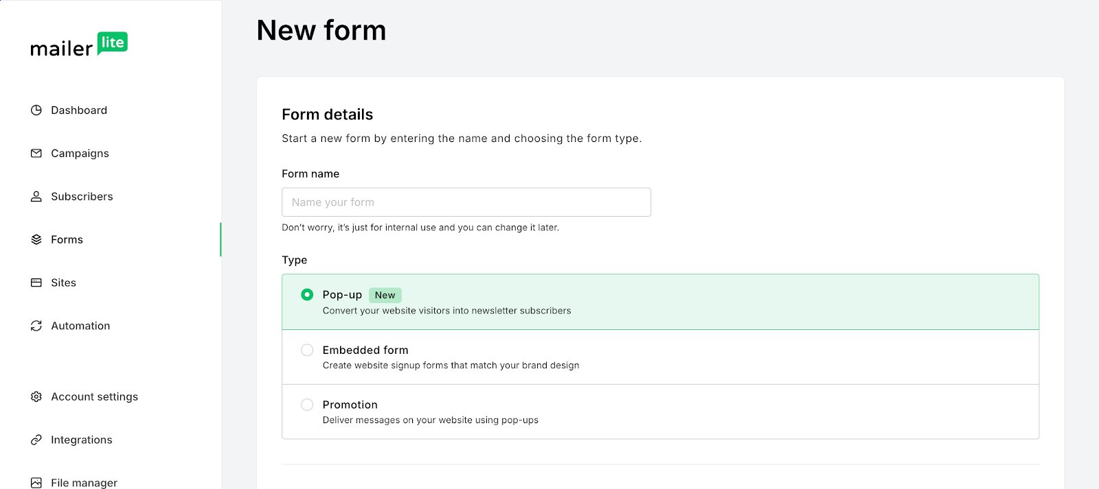 Choose what sort of pop up form you want to create