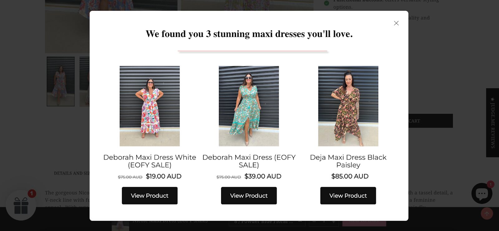 Product recommendation popup