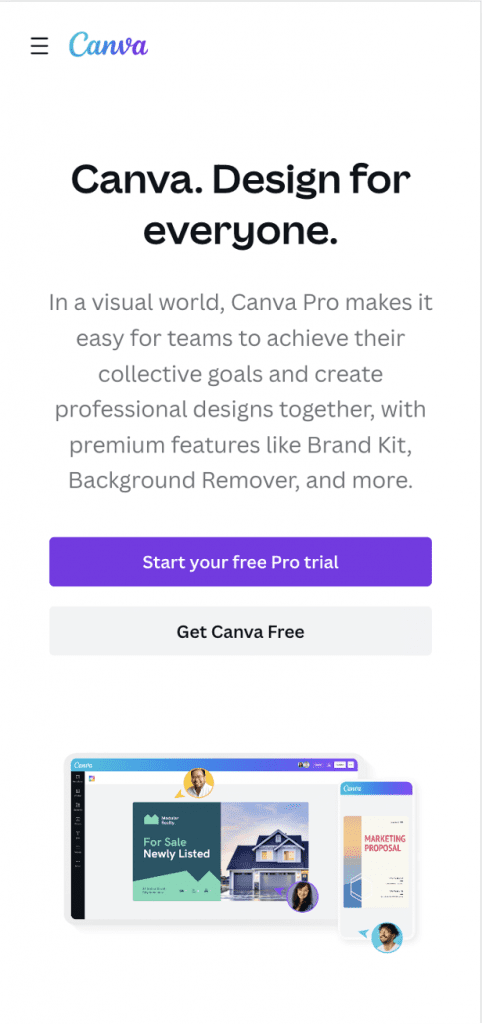 Canva mobile landing page example