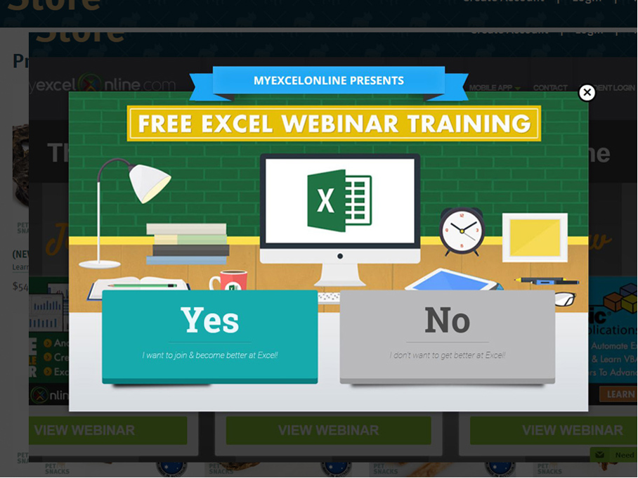 E commerce popup showing free excel webinar training