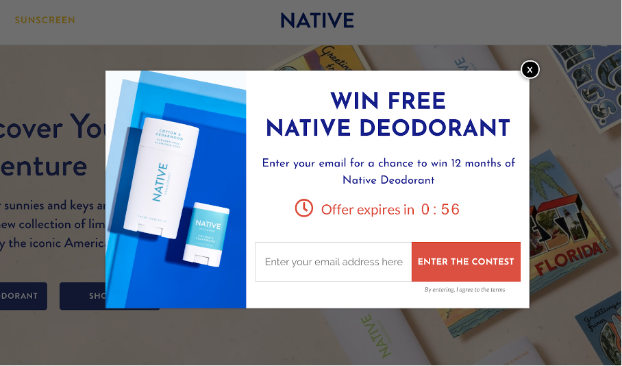 Nativecos.com uses popup content to collect a users email address