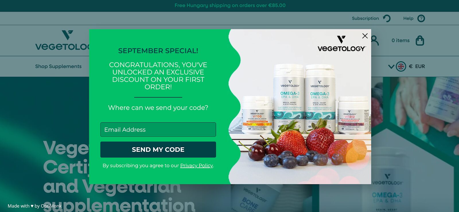 Vegetology's newsletter signup form drives urgency with their September special offer.