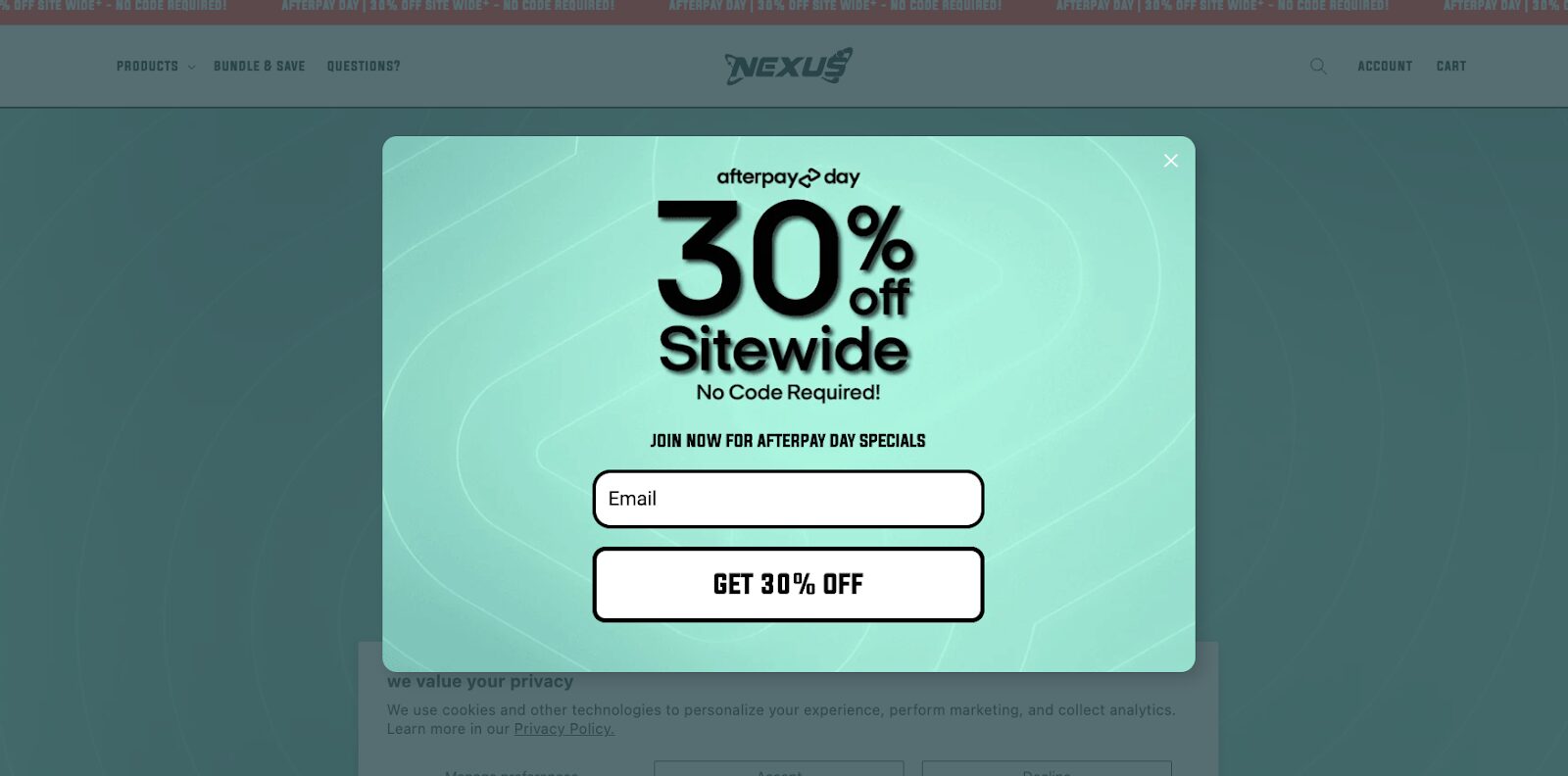 Discount popup of Nexus Nutrition