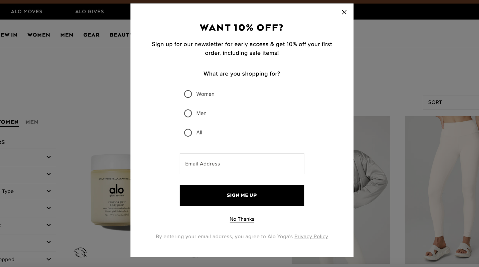 Alo Yoga pop-up notification example alerting users about a 10% off