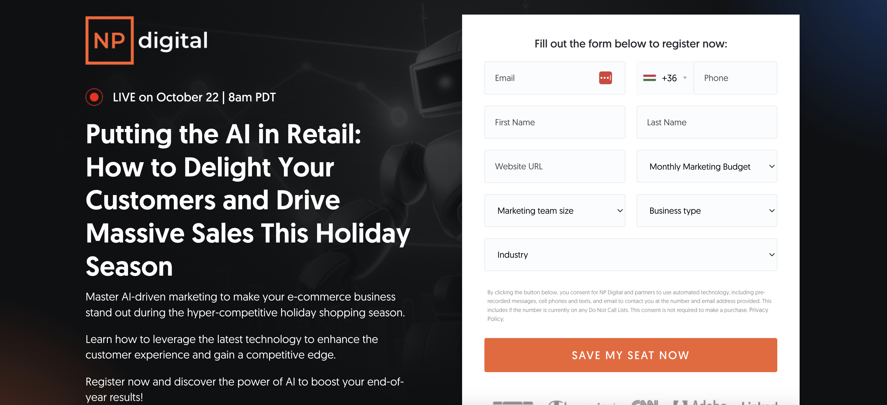 NP Digital webinar landing page