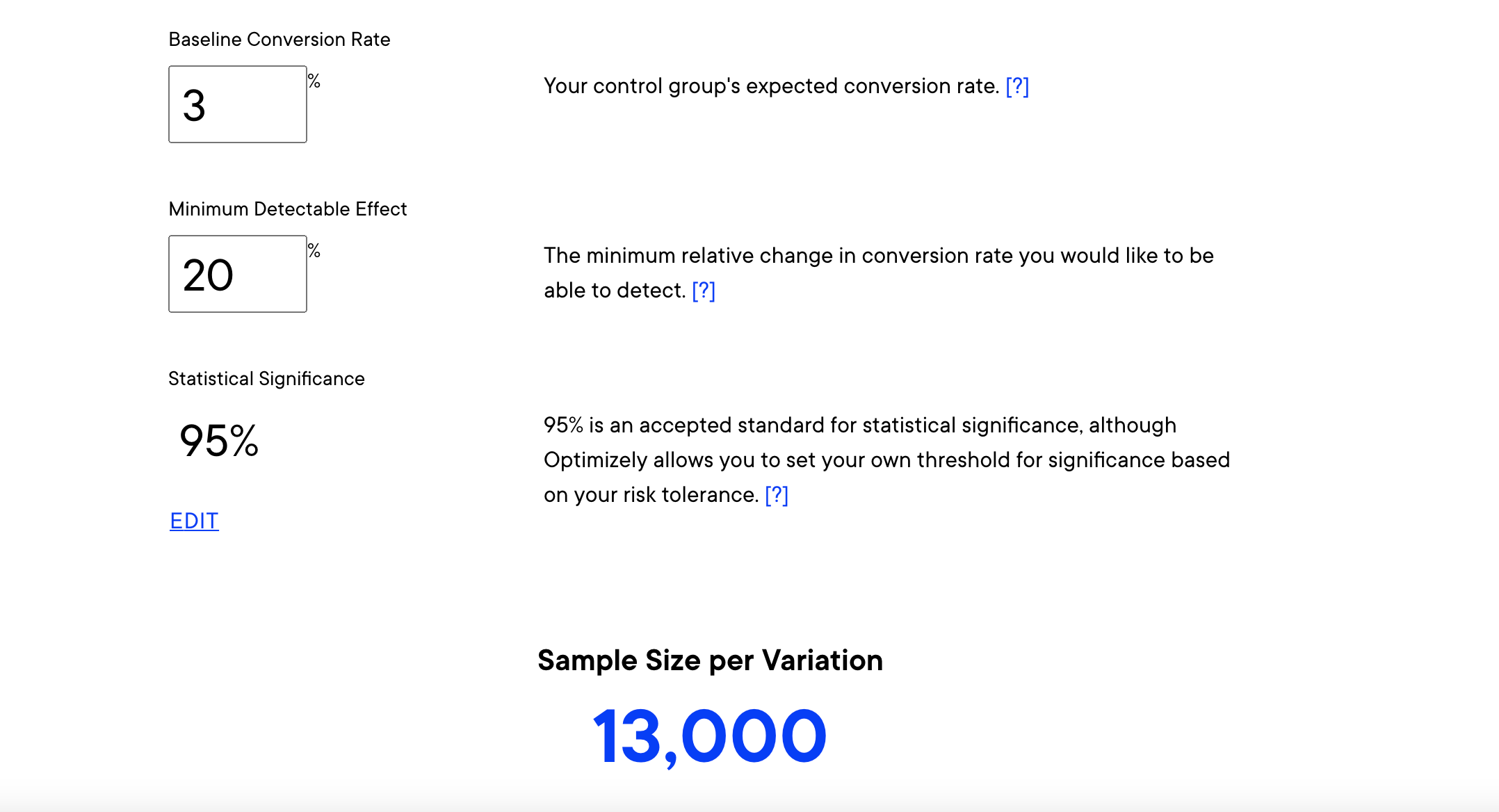 Optimizely A/B testing sample size calculator