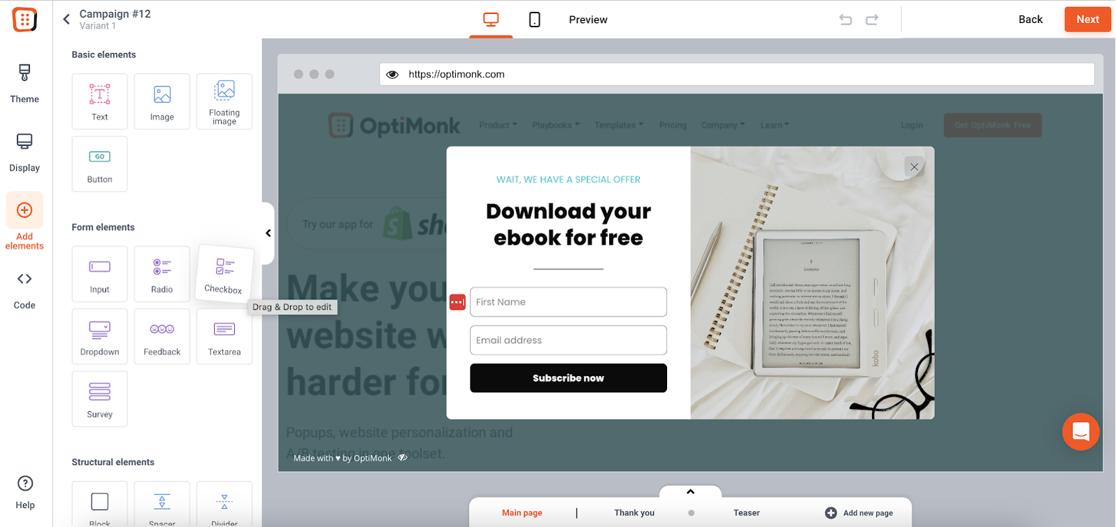 Customizing pop-ups in OptiMonk's drag and drop editor