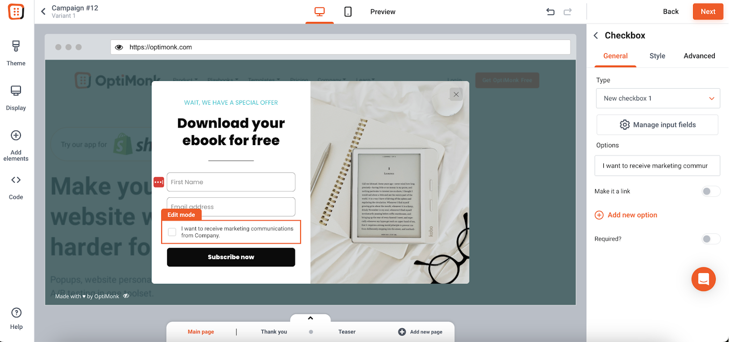 Customizing pop-ups in OptiMonk's drag and drop editor