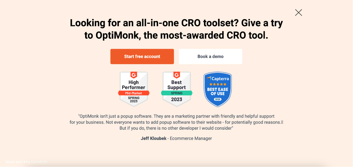 OptiMonk's interstitials has powerful CTA, provided real value to the user, and shows social proof.
