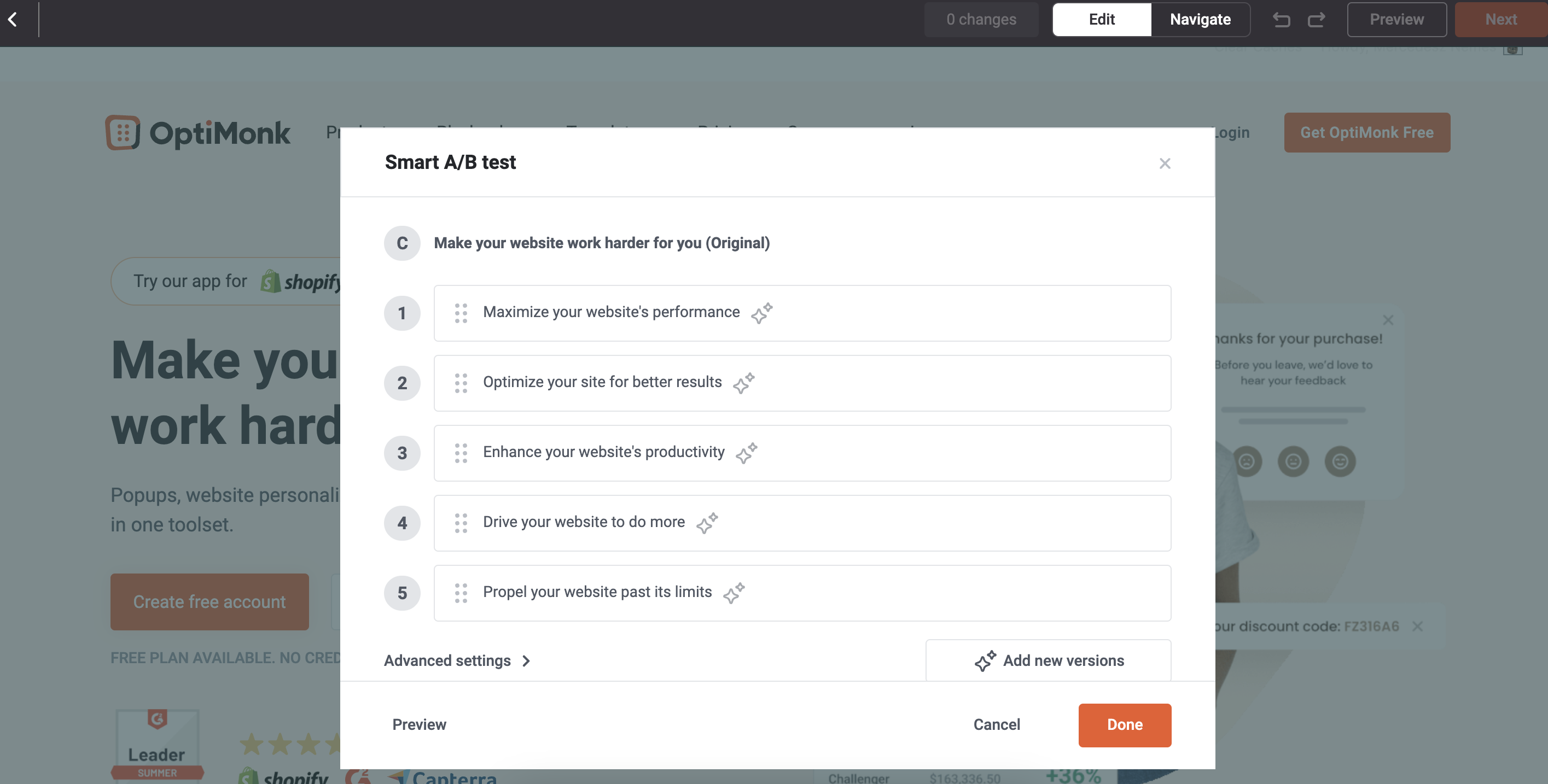 Smart A/B test OptiMonk