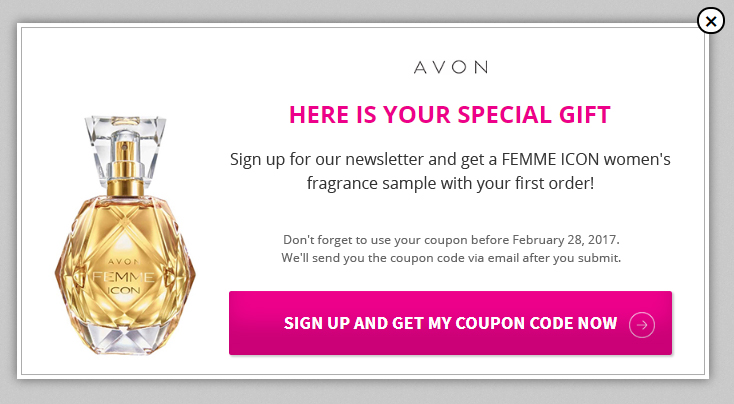 Avon newsletter list building popup